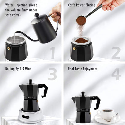 Café Eleganz: Espresso-Set in Schwarz mit 2 Tassen, perfekt für Herd und Elektro